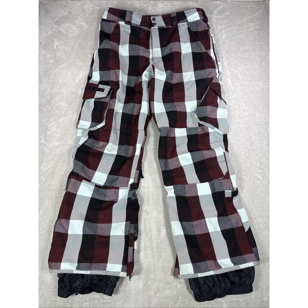 Burton DRYRIDE Snowboard Pants Mens Large Plaid Burgundy Blue Cargo Vented